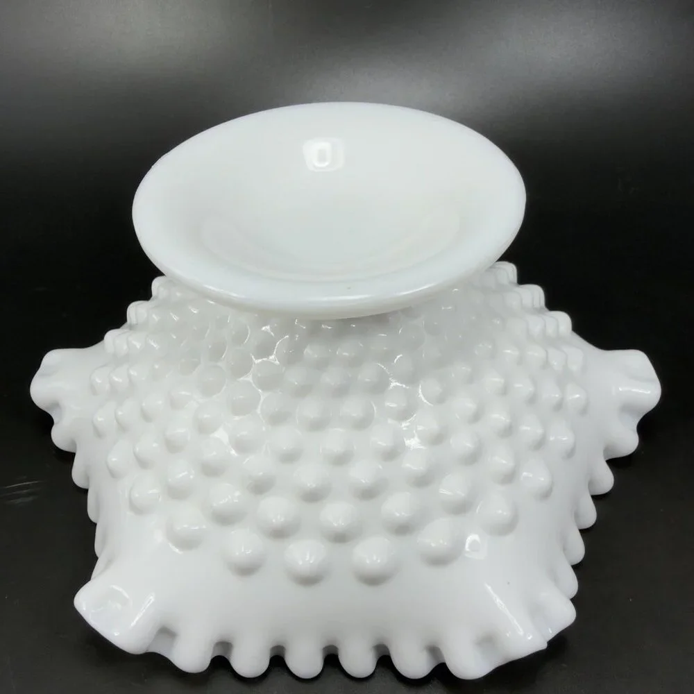 Fenton‎ Hobnail Milk Glass Ruffled Edge Footed Dish Bowl Container White Vintage